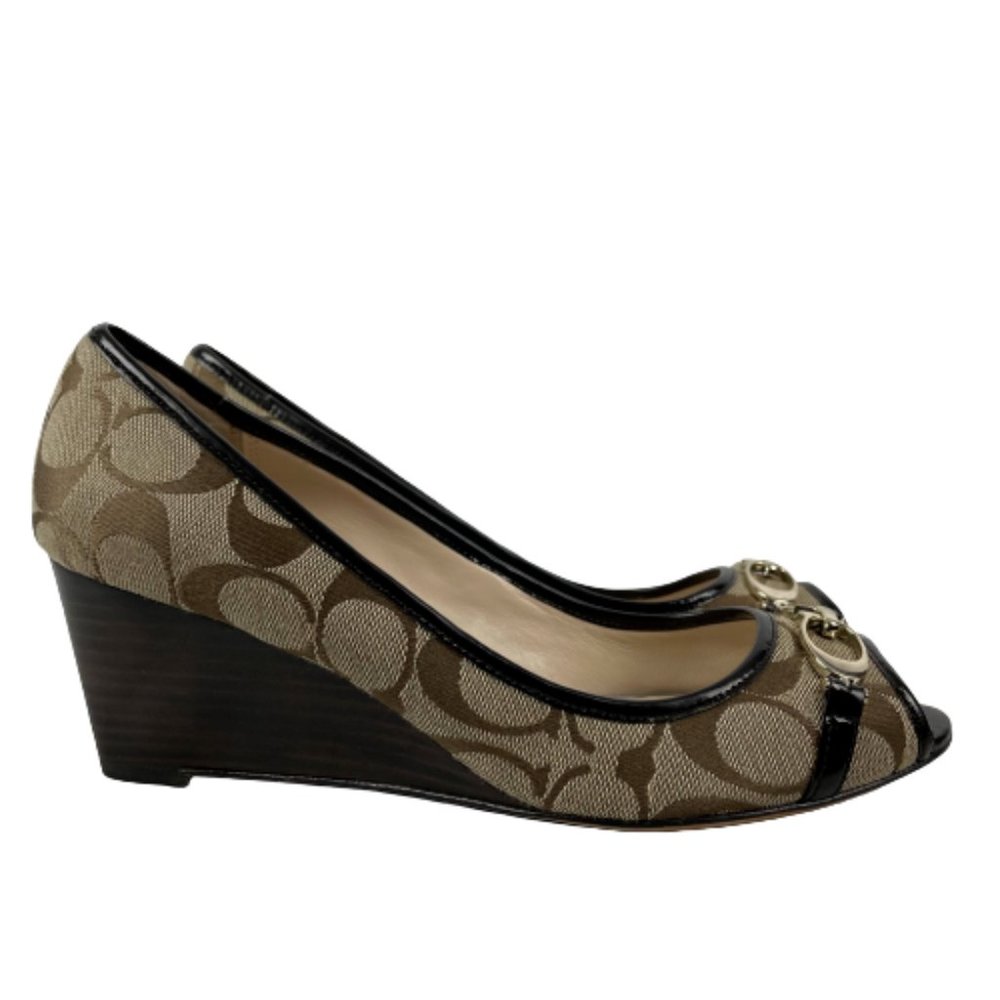 Coach Precious Wedges Heels Monogram Peep Toe Brown
